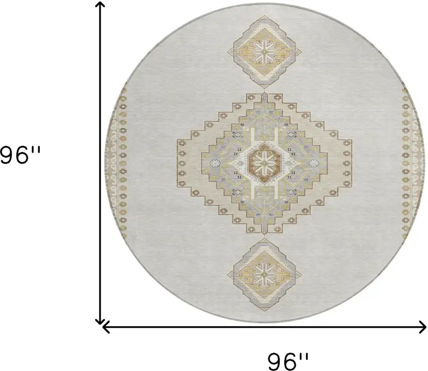 8' Ivory Gray And Brown Round Oriental Washable Indoor Outdoor Area Rug Photo 3