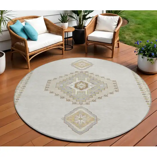 8' Ivory Gray And Brown Round Oriental Washable Indoor Outdoor Area Rug Photo 1