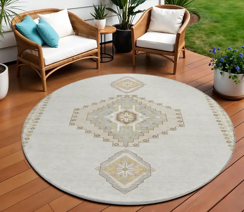 8' Ivory Gray And Brown Round Oriental Washable Indoor Outdoor Area Rug Photo 1