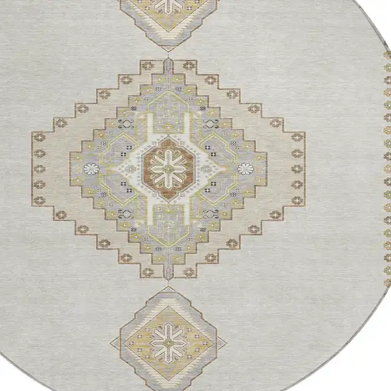 8' Ivory Gray And Brown Round Oriental Washable Indoor Outdoor Area Rug Photo 6
