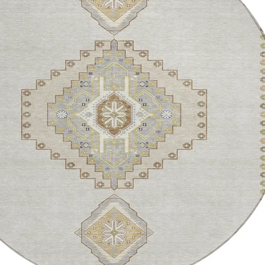 8' Ivory Gray And Brown Round Oriental Washable Indoor Outdoor Area Rug Photo 6