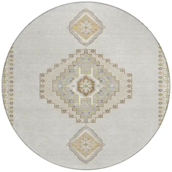 8' Ivory Gray And Brown Round Oriental Washable Indoor Outdoor Area Rug Photo 7