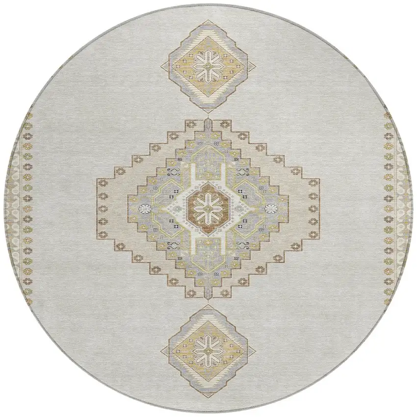 8' Ivory Gray And Brown Round Oriental Washable Indoor Outdoor Area Rug Photo 7