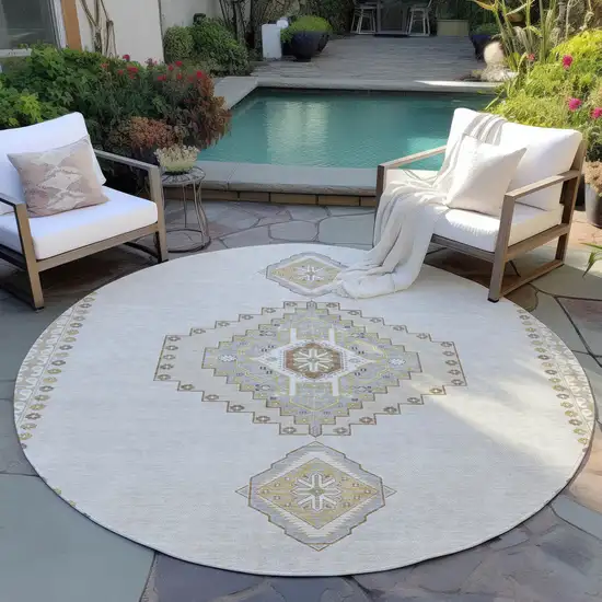 8' Ivory Gray And Brown Round Oriental Washable Indoor Outdoor Area Rug Photo 8