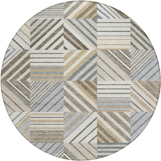 8' Ivory Gray And Brown Round Patchwork Washable Indoor Outdoor Area Rug Photo 1