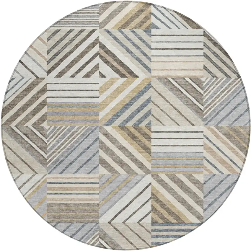 8' Ivory Gray And Brown Round Patchwork Washable Indoor Outdoor Area Rug Photo 1