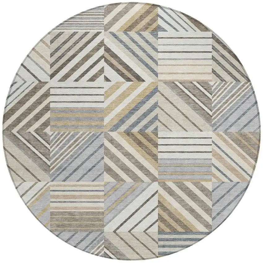 8' Ivory Gray And Brown Round Patchwork Washable Indoor Outdoor Area Rug Photo 3