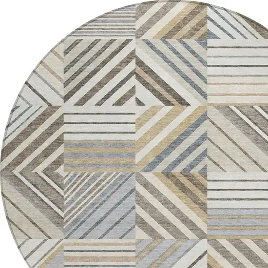 8' Ivory Gray And Brown Round Patchwork Washable Indoor Outdoor Area Rug Photo 2