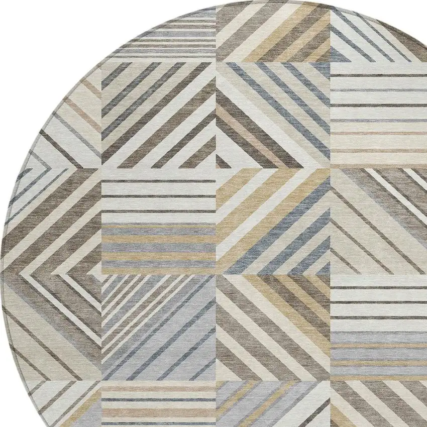 8' Ivory Gray And Brown Round Patchwork Washable Indoor Outdoor Area Rug Photo 2