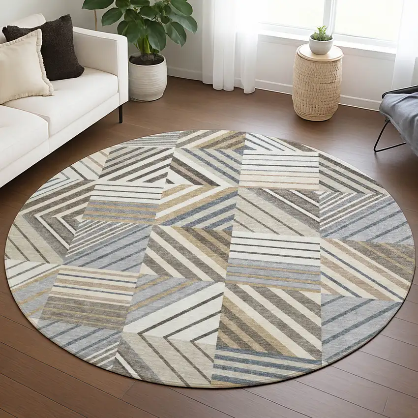 8' Ivory Gray And Brown Round Patchwork Washable Indoor Outdoor Area Rug Photo 5