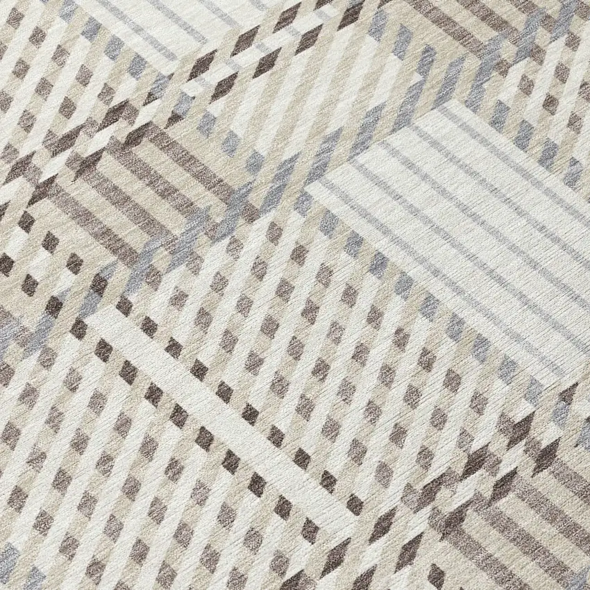8' Ivory Gray And Brown Round Plaid Washable Indoor Outdoor Area Rug Photo 5