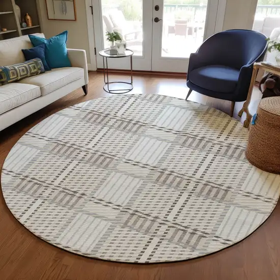 8' Ivory Gray And Brown Round Plaid Washable Indoor Outdoor Area Rug Photo 8