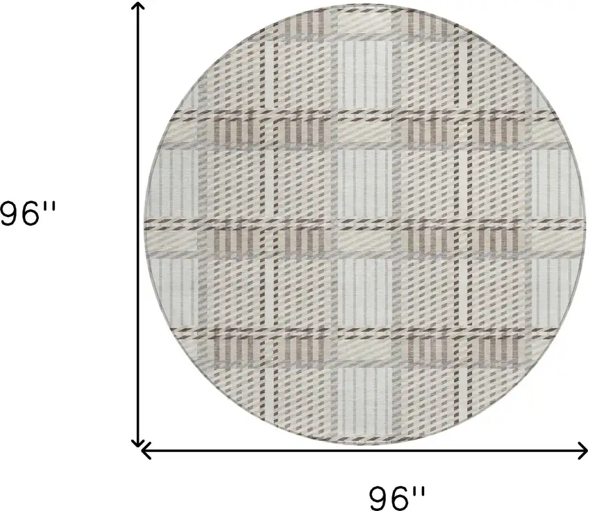 8' Ivory Gray And Brown Round Plaid Washable Indoor Outdoor Area Rug Photo 3