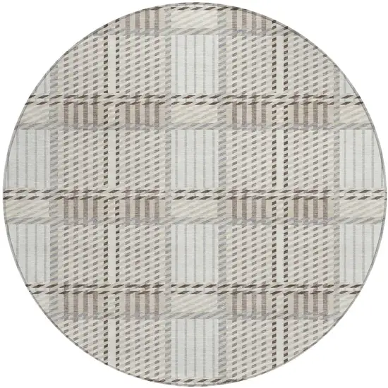 8' Ivory Gray And Brown Round Plaid Washable Indoor Outdoor Area Rug Photo 2