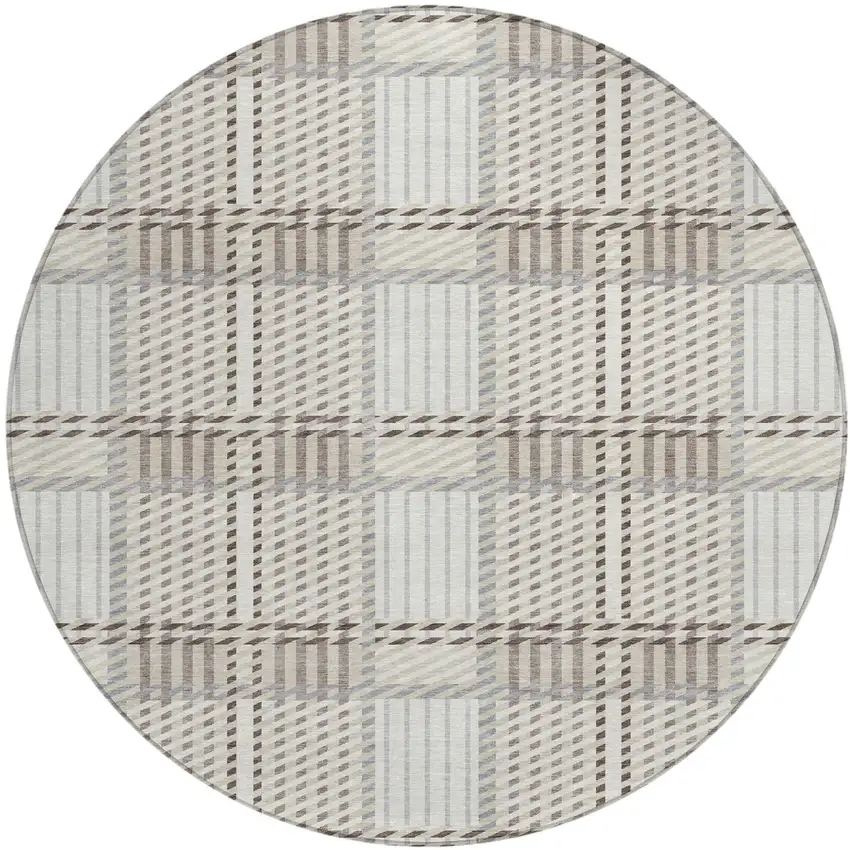 8' Ivory Gray And Brown Round Plaid Washable Indoor Outdoor Area Rug Photo 2