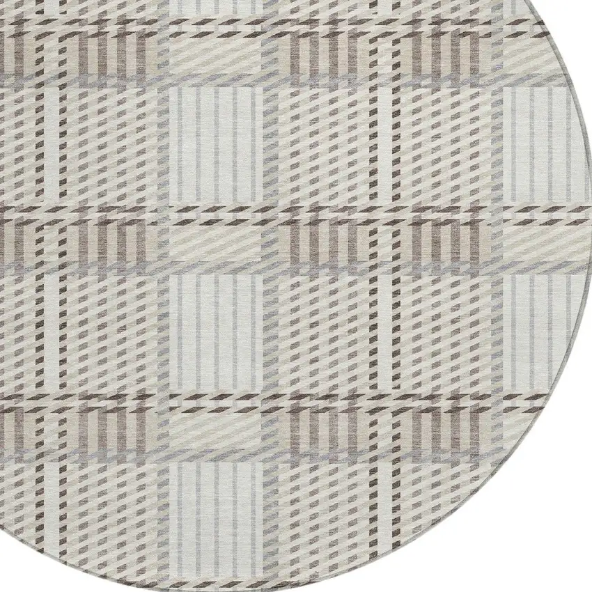 8' Ivory Gray And Brown Round Plaid Washable Indoor Outdoor Area Rug Photo 4