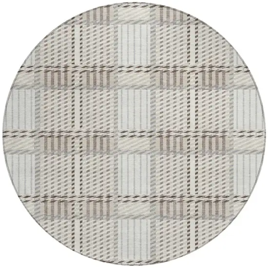 8' Ivory Gray And Brown Round Plaid Washable Indoor Outdoor Area Rug Photo 6