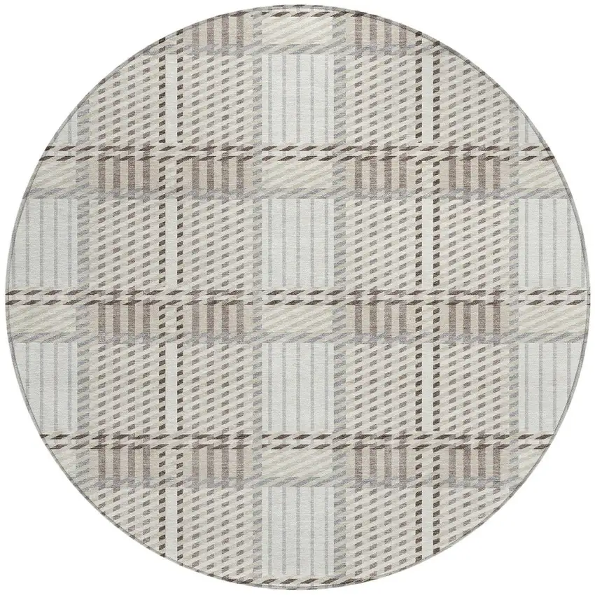 8' Ivory Gray And Brown Round Plaid Washable Indoor Outdoor Area Rug Photo 6