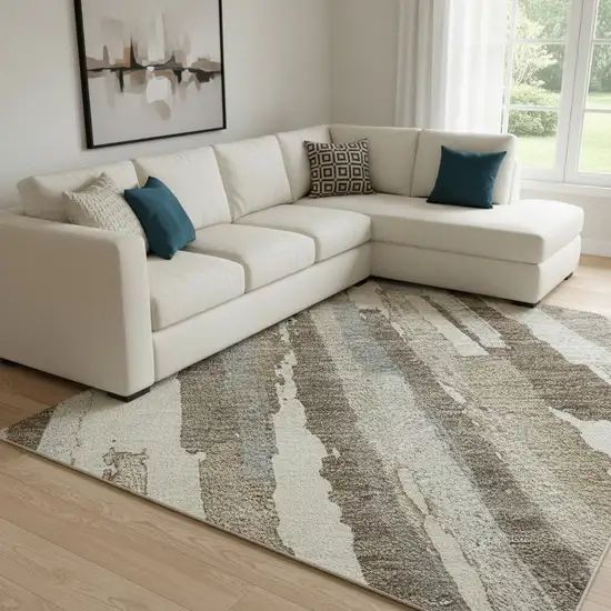 8' Ivory Gray And Brown Striped Washable Area Rug With UV Protection Photo 2