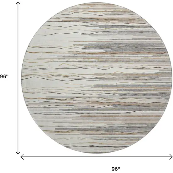 8' Ivory Gray And Brown Striped Washable Round Rug With UV Protection Photo 9