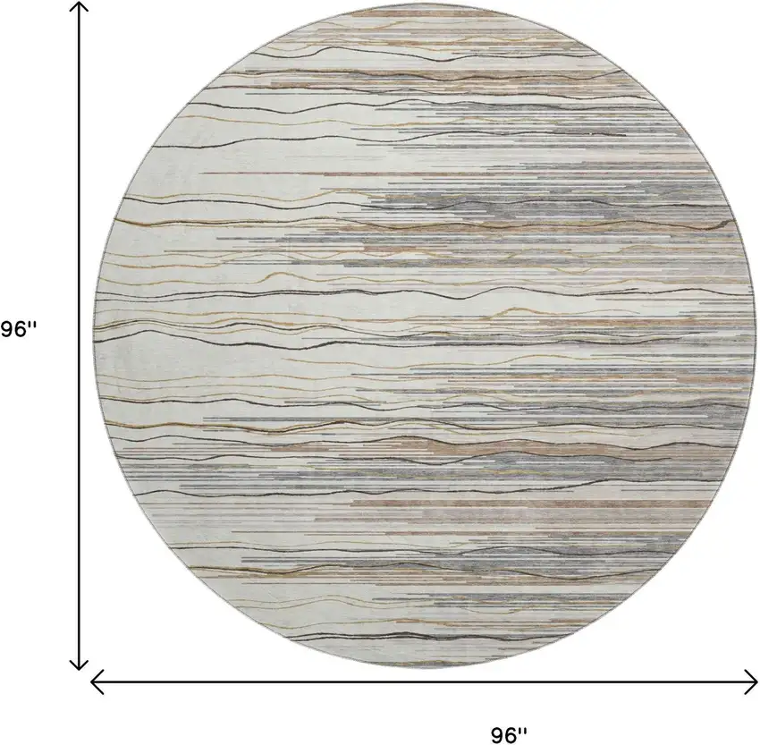 8' Ivory Gray And Brown Striped Washable Round Rug With UV Protection Photo 9