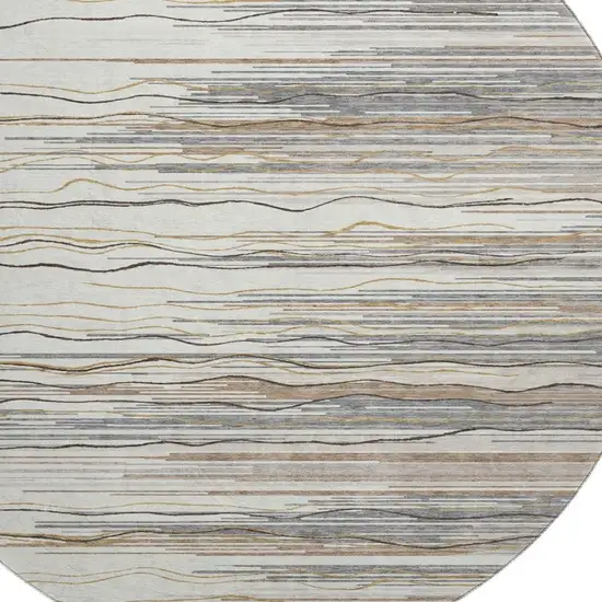 8' Ivory Gray And Brown Striped Washable Round Rug With UV Protection Photo 2