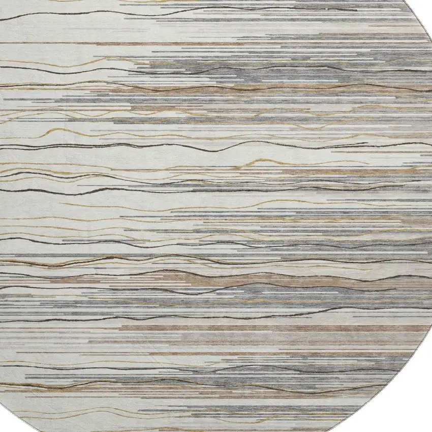 8' Ivory Gray And Brown Striped Washable Round Rug With UV Protection Photo 2