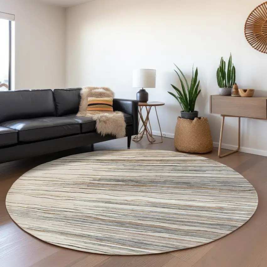 8' Ivory Gray And Brown Striped Washable Round Rug With UV Protection Photo 4