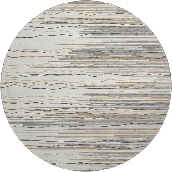 8' Ivory Gray And Brown Striped Washable Round Rug With UV Protection Photo 1