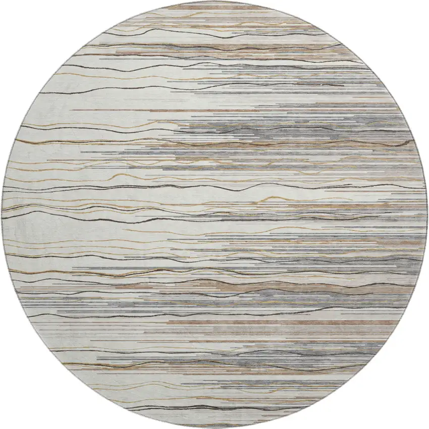 8' Ivory Gray And Brown Striped Washable Round Rug With UV Protection Photo 1