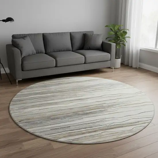 8' Ivory Gray And Brown Striped Washable Round Rug With UV Protection Photo 2