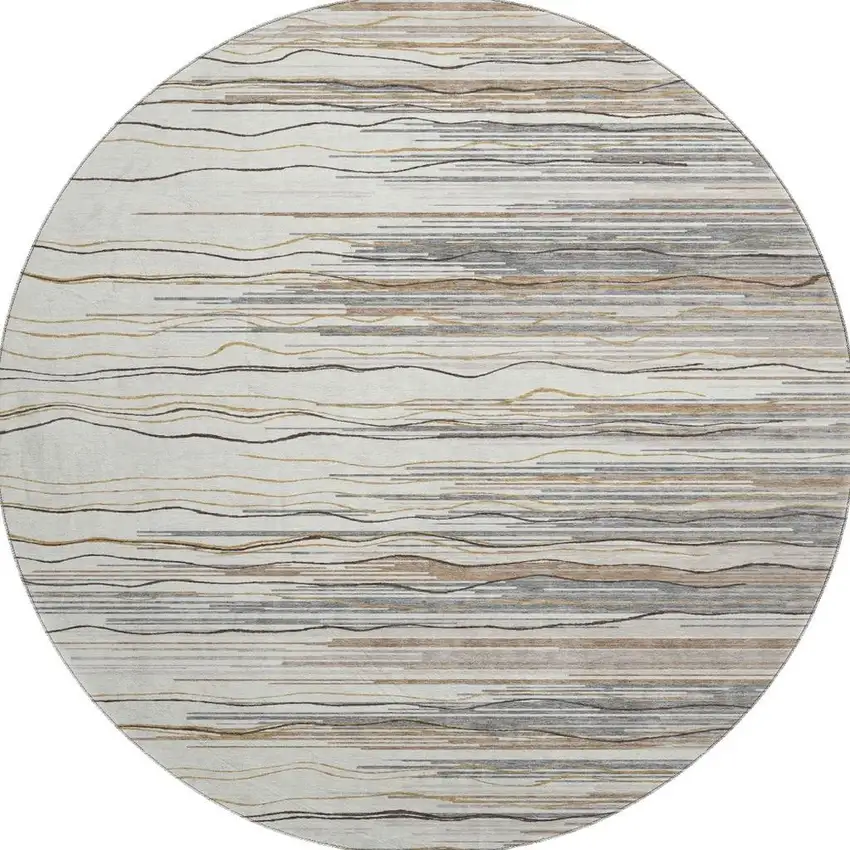 8' Ivory Gray And Brown Striped Washable Round Rug With UV Protection Photo 3