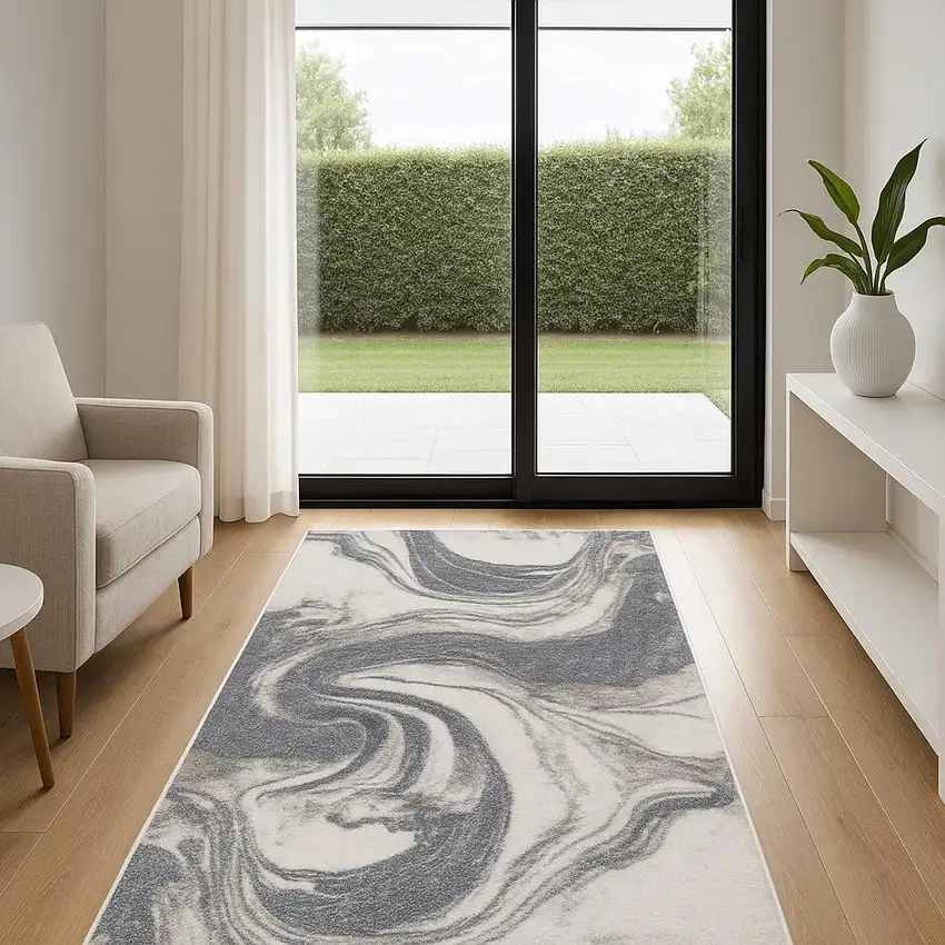 6' Ivory Gray And Charcoal Abstract Runner Rug Photo 1