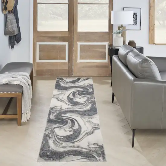 6' Ivory Gray And Charcoal Abstract Runner Rug Photo 5