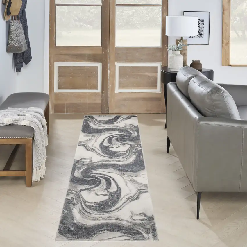 6' Ivory Gray And Charcoal Abstract Runner Rug Photo 5