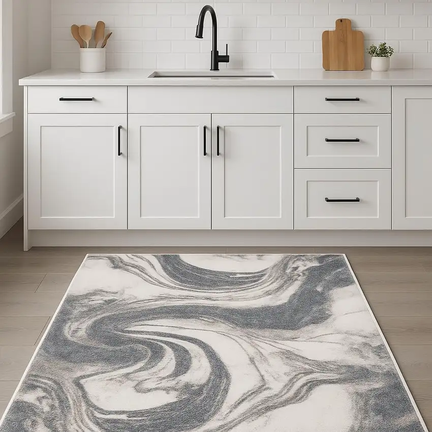 8' Ivory Gray And Charcoal Abstract Runner Rug Photo 1