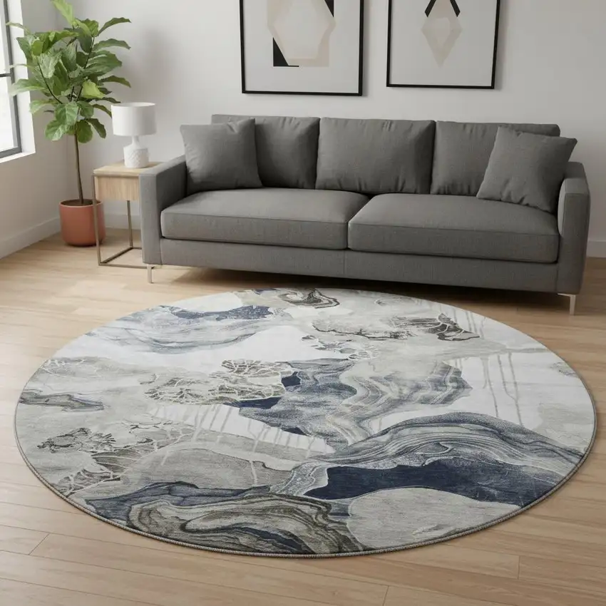 8' Ivory Gray And Charcoal Abstract Washable Round Rug With UV Protection Photo 2