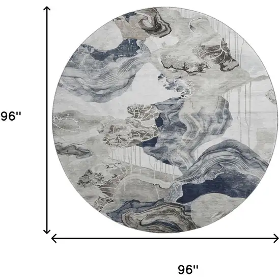 8' Ivory Gray And Charcoal Abstract Washable Round Rug With UV Protection Photo 9