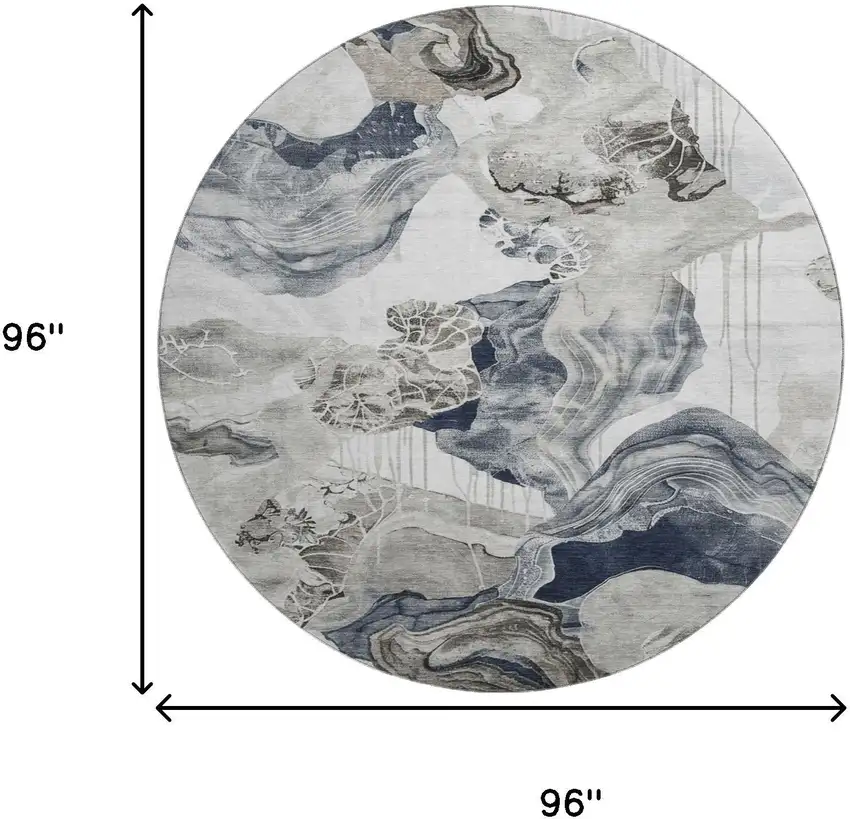 8' Ivory Gray And Charcoal Abstract Washable Round Rug With UV Protection Photo 9