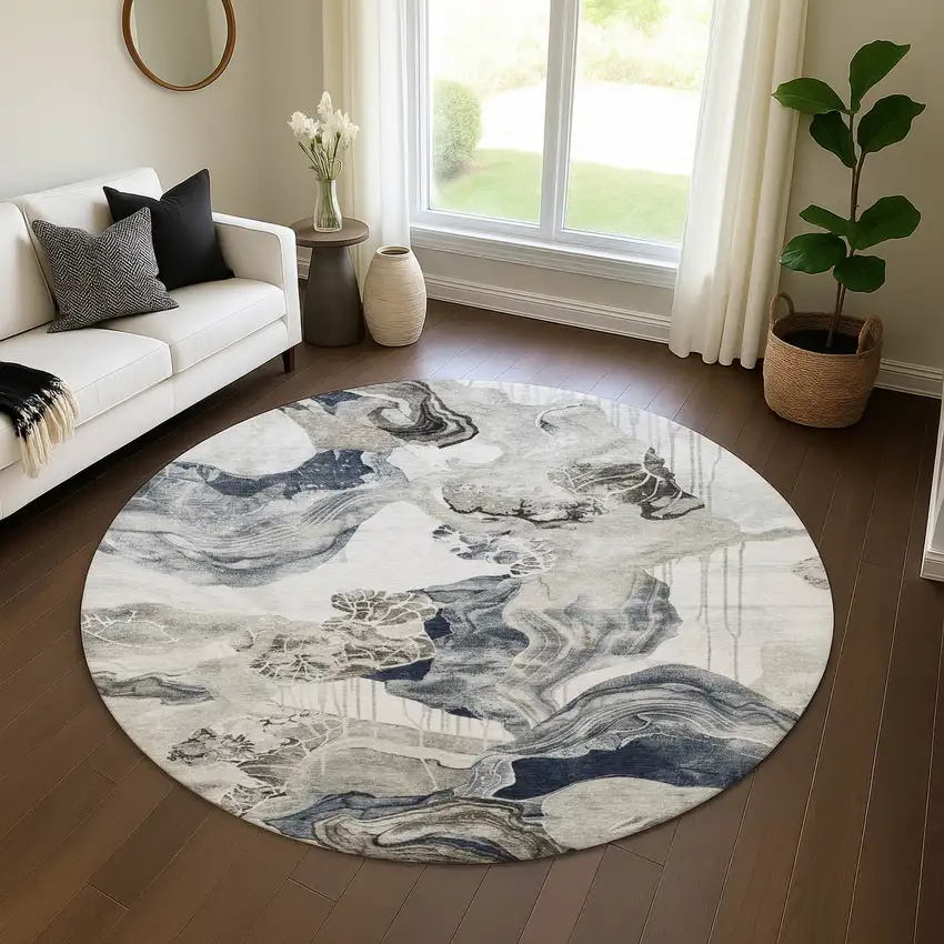8' Ivory Gray And Charcoal Abstract Washable Round Rug With UV Protection Photo 4