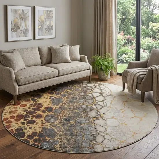 8' Ivory Gray And Gold Abstract Washable Round Rug With UV Protection Photo 1
