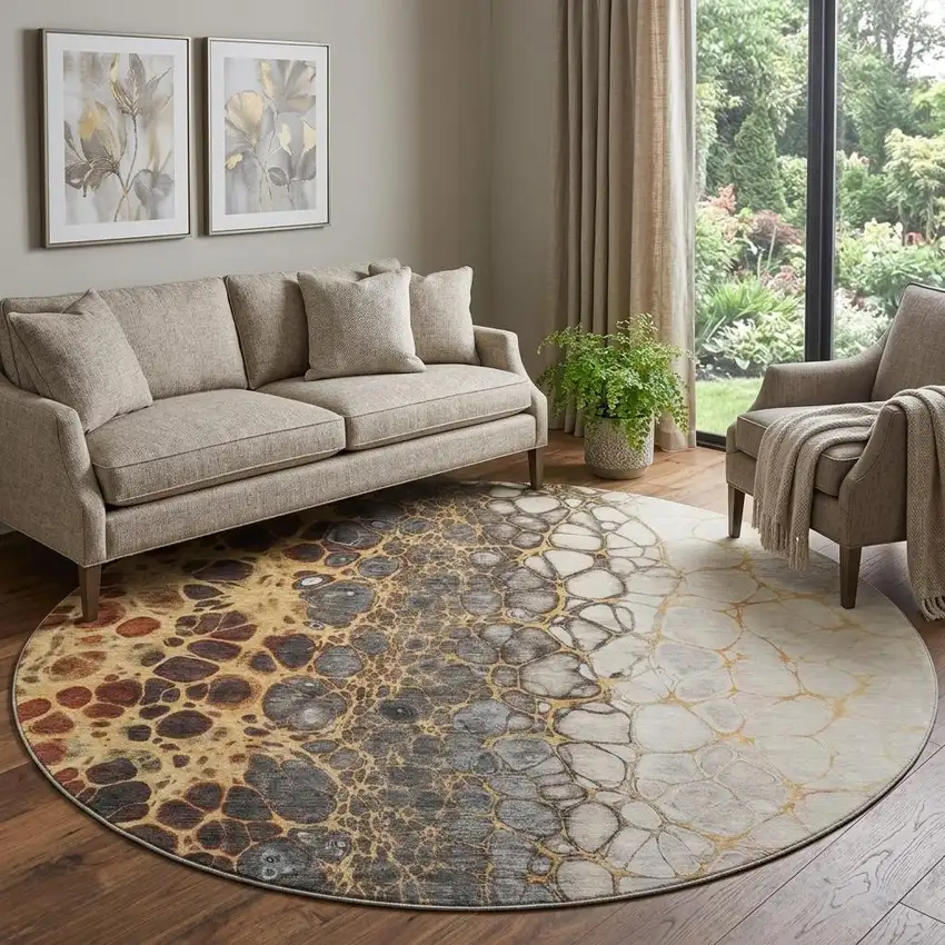 8' Ivory Gray And Gold Abstract Washable Round Rug With UV Protection Photo 1