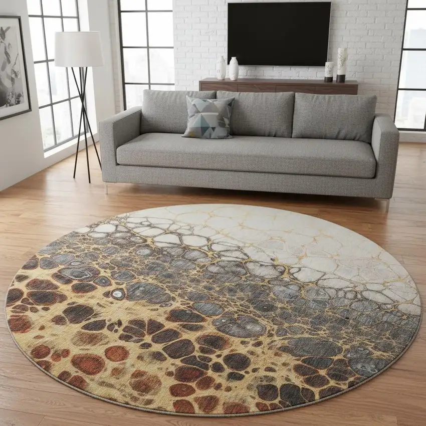 8' Ivory Gray And Gold Abstract Washable Round Rug With UV Protection Photo 2