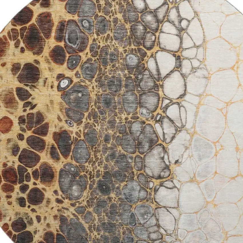 8' Ivory Gray And Gold Abstract Washable Round Rug With UV Protection Photo 4