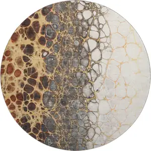 Photo of 8' Ivory Gray And Gold Abstract Washable Round Rug With UV Protection