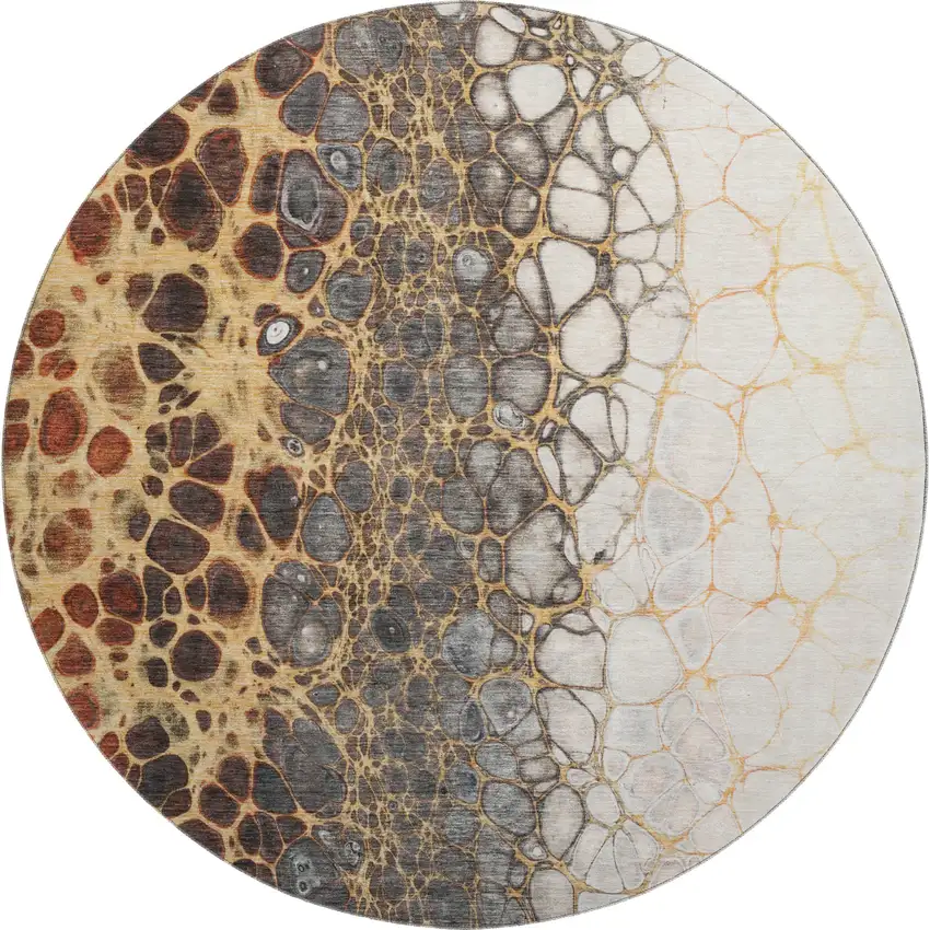 8' Ivory Gray And Gold Abstract Washable Round Rug With UV Protection Photo 1