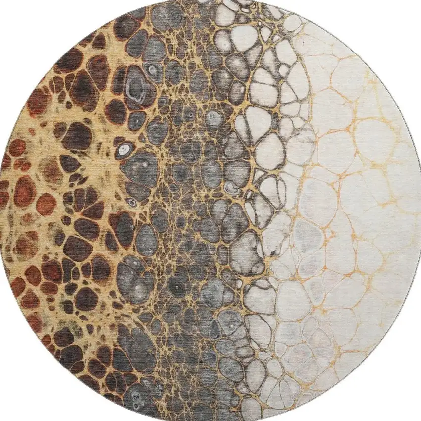8' Ivory Gray And Gold Abstract Washable Round Rug With UV Protection Photo 3