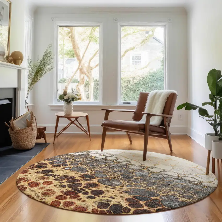 8' Ivory Gray And Gold Abstract Washable Round Rug With UV Protection Photo 5