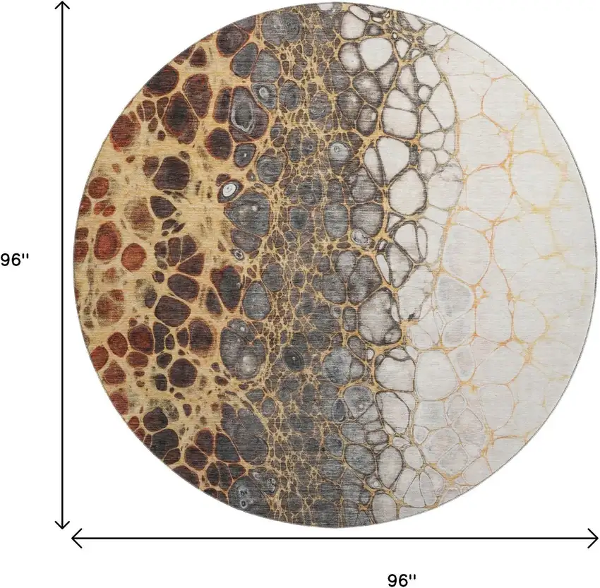 8' Ivory Gray And Gold Abstract Washable Round Rug With UV Protection Photo 6