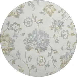 Photo of 8' Ivory Gray And Gold Floral Washable Round Rug With UV Protection